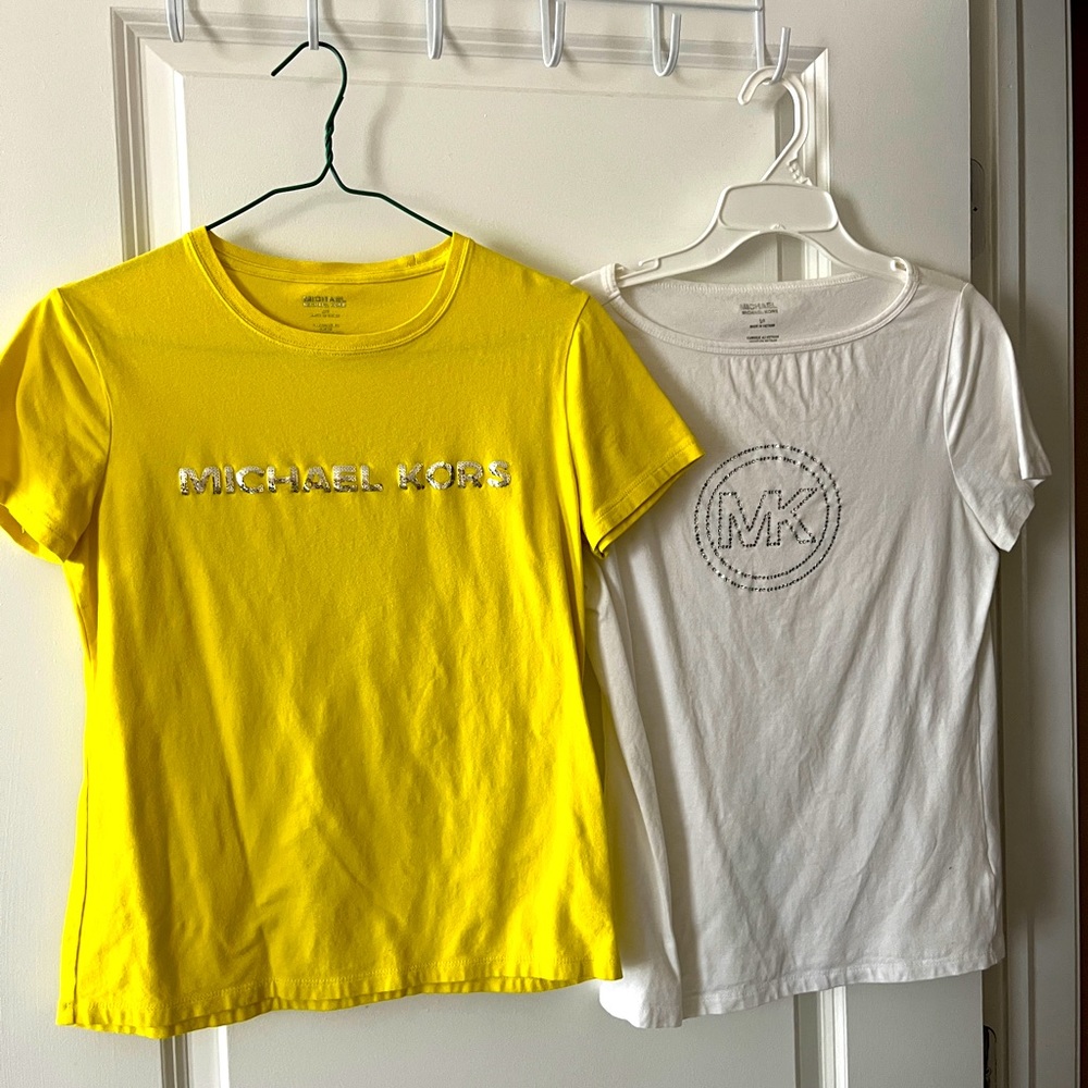 Pair of Michael Kors t-shirts white gems & yellow silver lettering size S